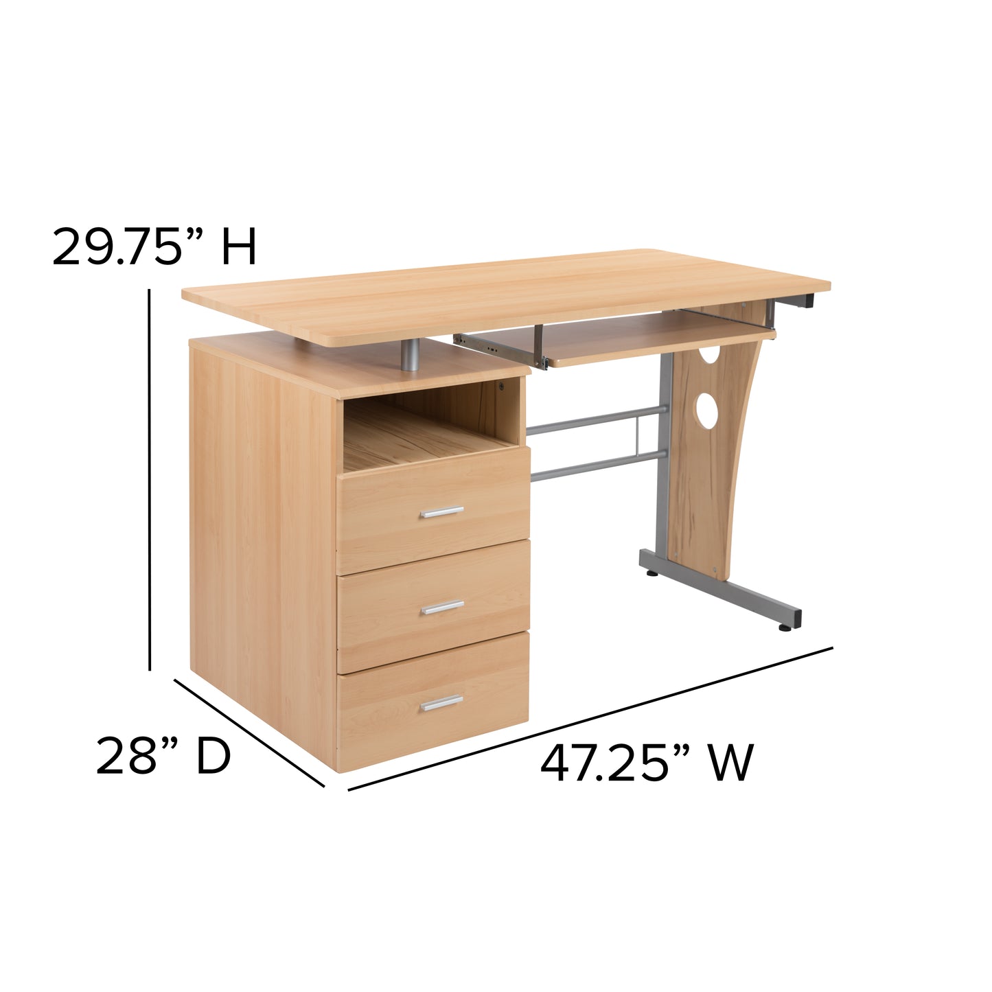 Three-Drawer Single Pedestal Computer Desk with Pull-Out Keyboard Tray