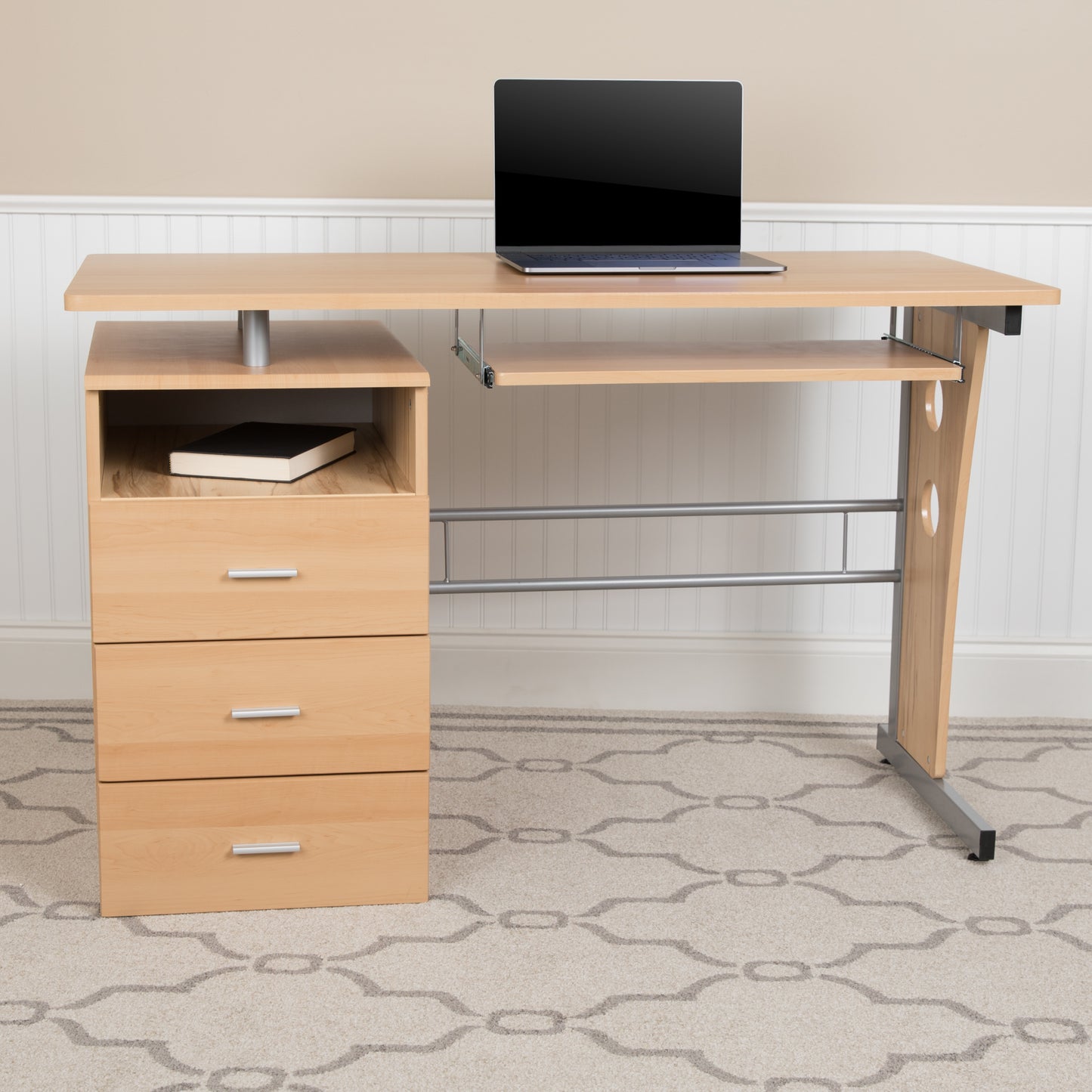 Three-Drawer Single Pedestal Computer Desk with Pull-Out Keyboard Tray