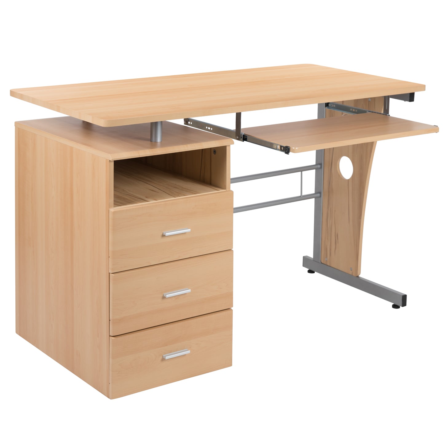 Three-Drawer Single Pedestal Computer Desk with Pull-Out Keyboard Tray