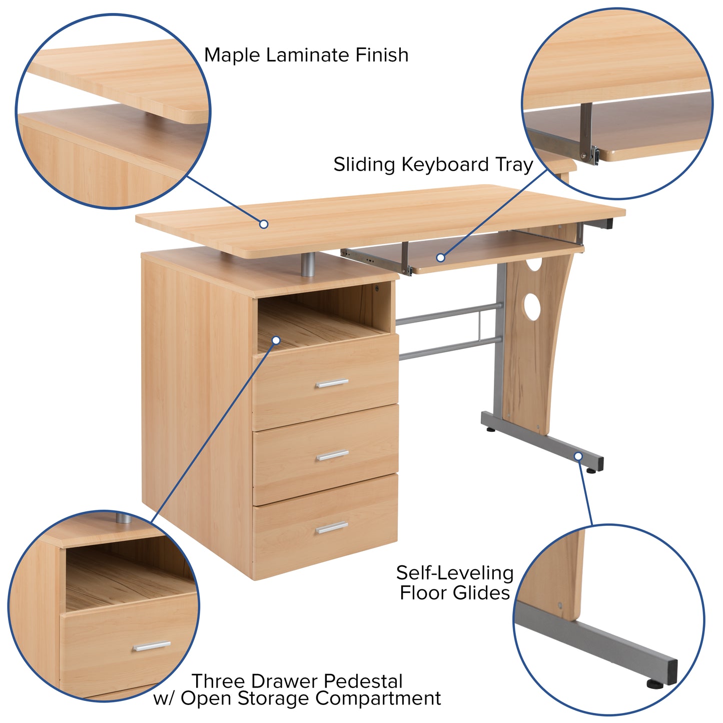 Three-Drawer Single Pedestal Computer Desk with Pull-Out Keyboard Tray