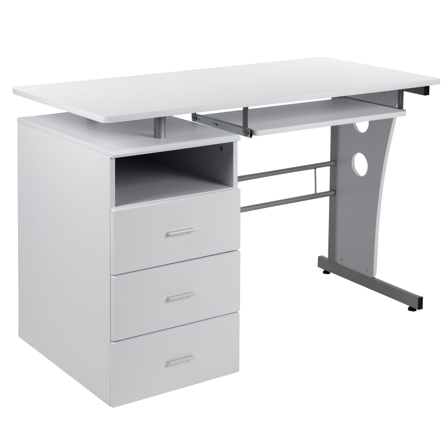 Three-Drawer Single Pedestal Computer Desk with Pull-Out Keyboard Tray