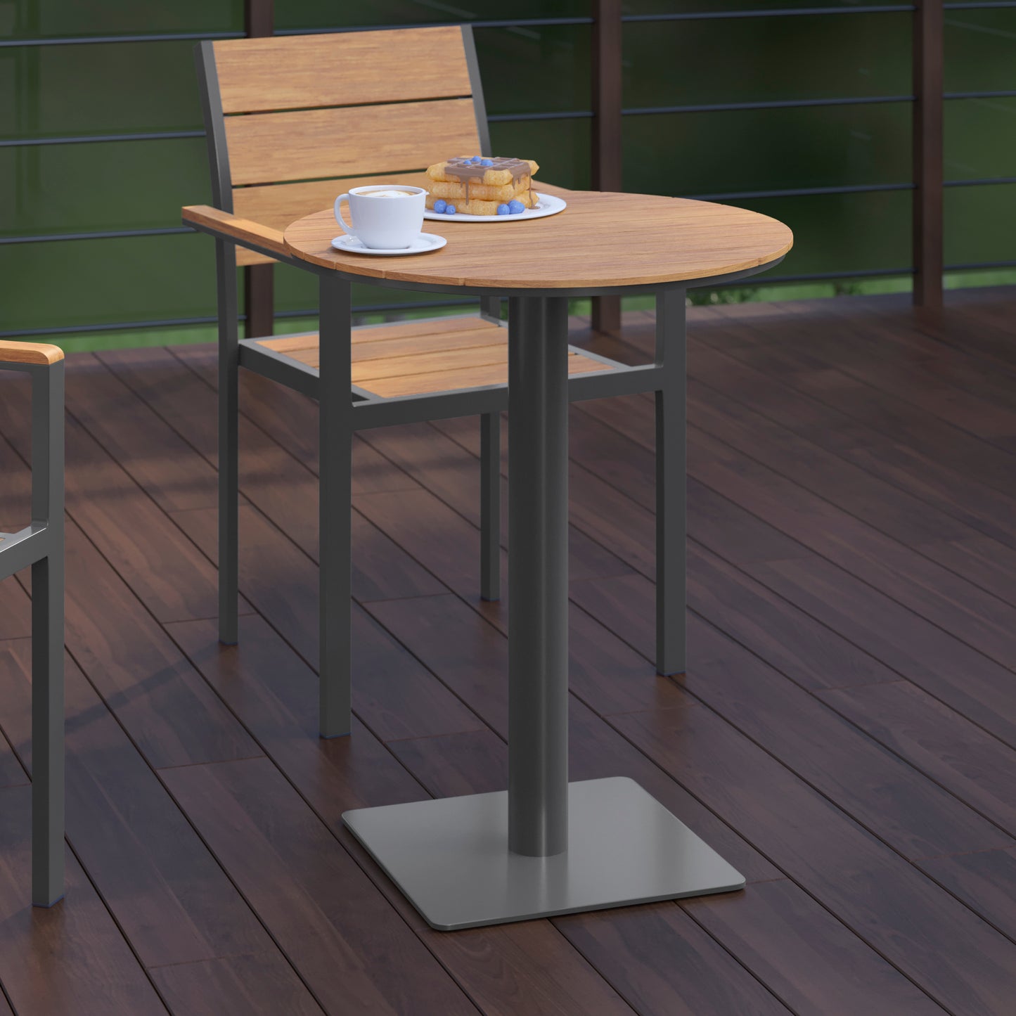 Commercial Grade Round 24" Table with Faux Teak Poly Slats and Steel Frame