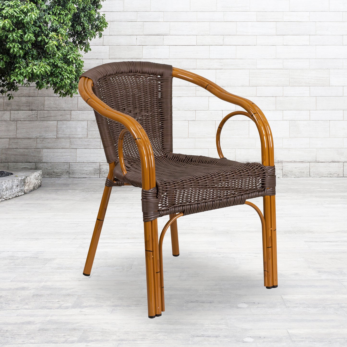 Bamboo-Aluminum Stackable Cafe Chair with Curved Back and Integrated Arms