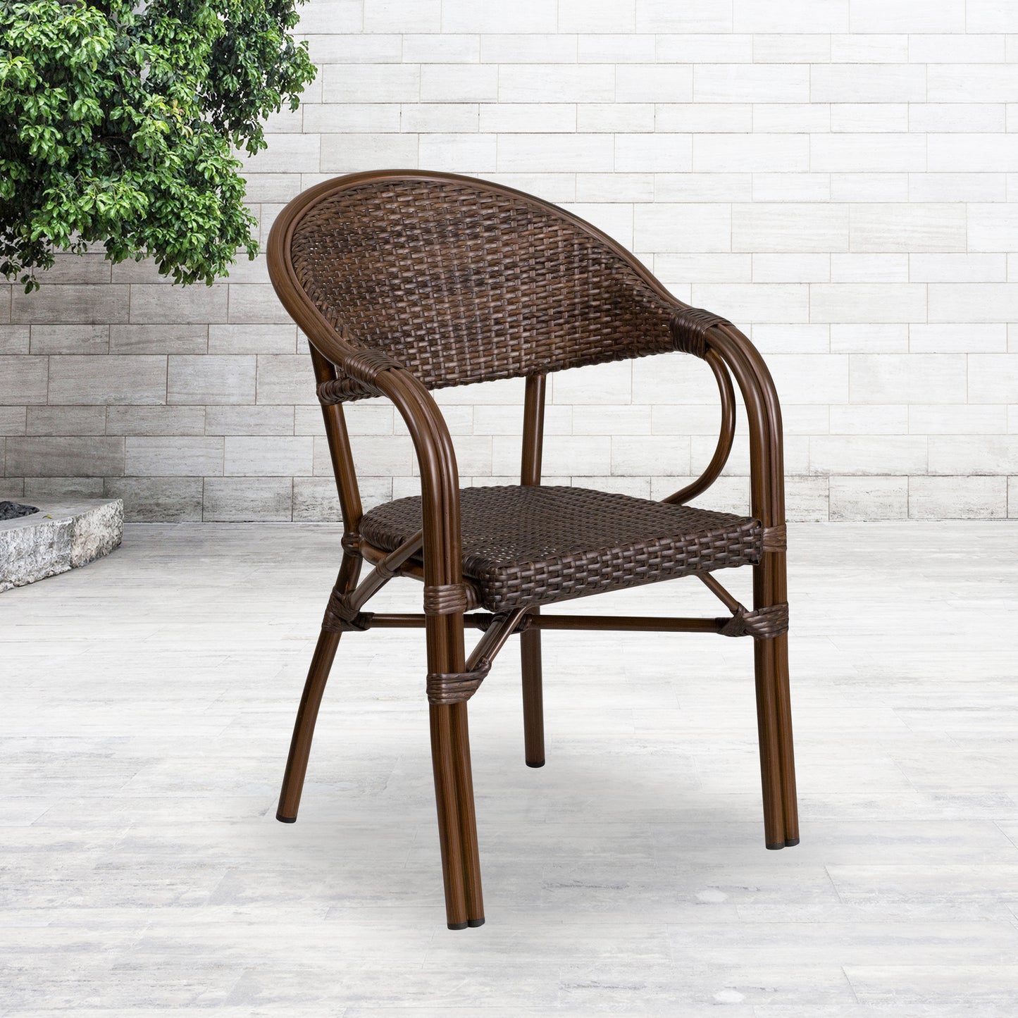 Stackable Cafe Chair with Curved Back and Integrated Arms - Bamboo-Aluminum Frame