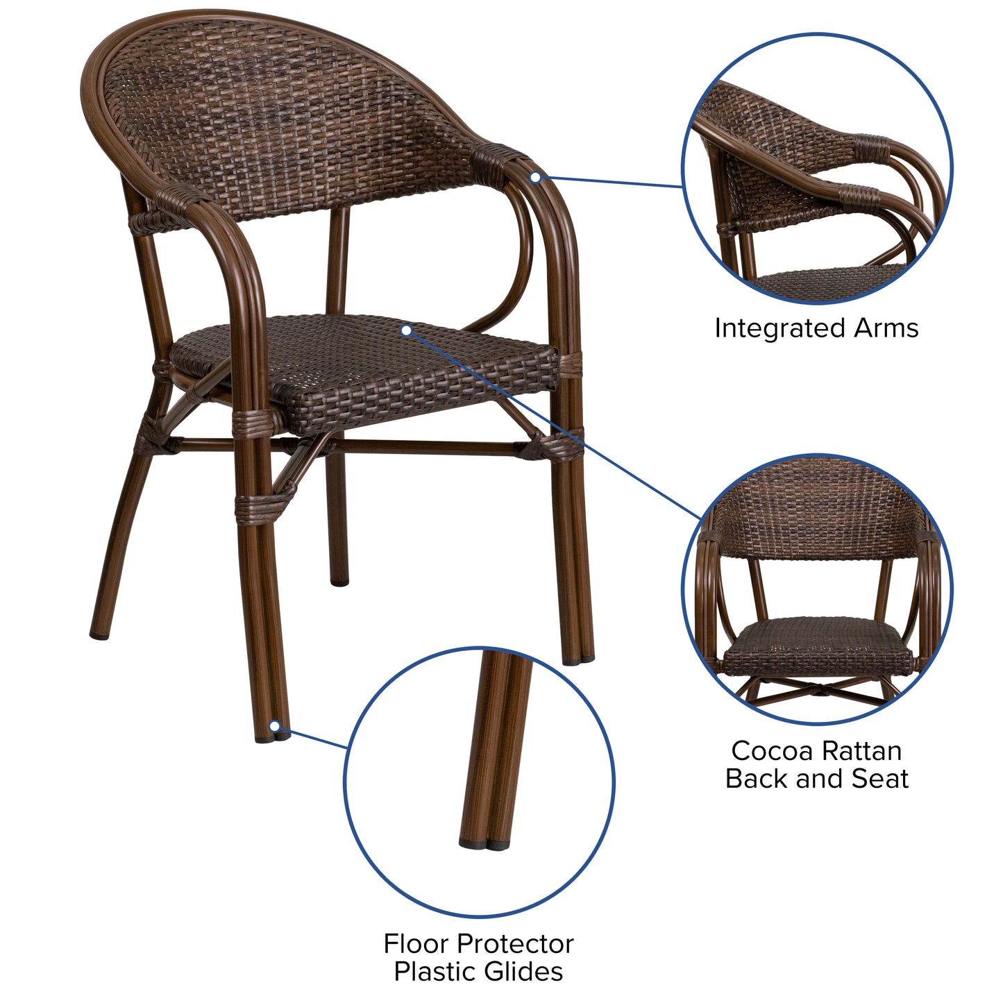 Stackable Cafe Chair with Curved Back and Integrated Arms - Bamboo-Aluminum Frame