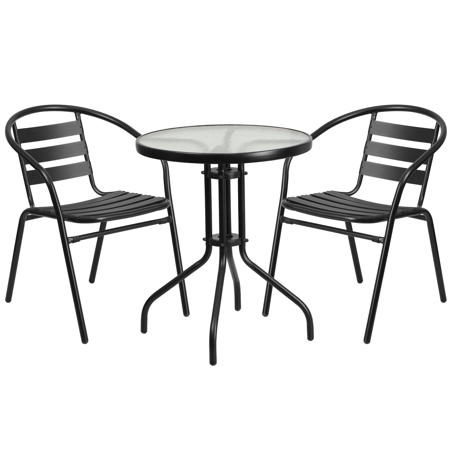 23.75" Round Glass Metal Table with 2 Aluminum Chairs Set