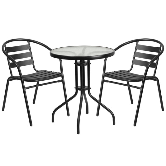 23.75" Round Glass Metal Table with 2 Aluminum Chairs Set