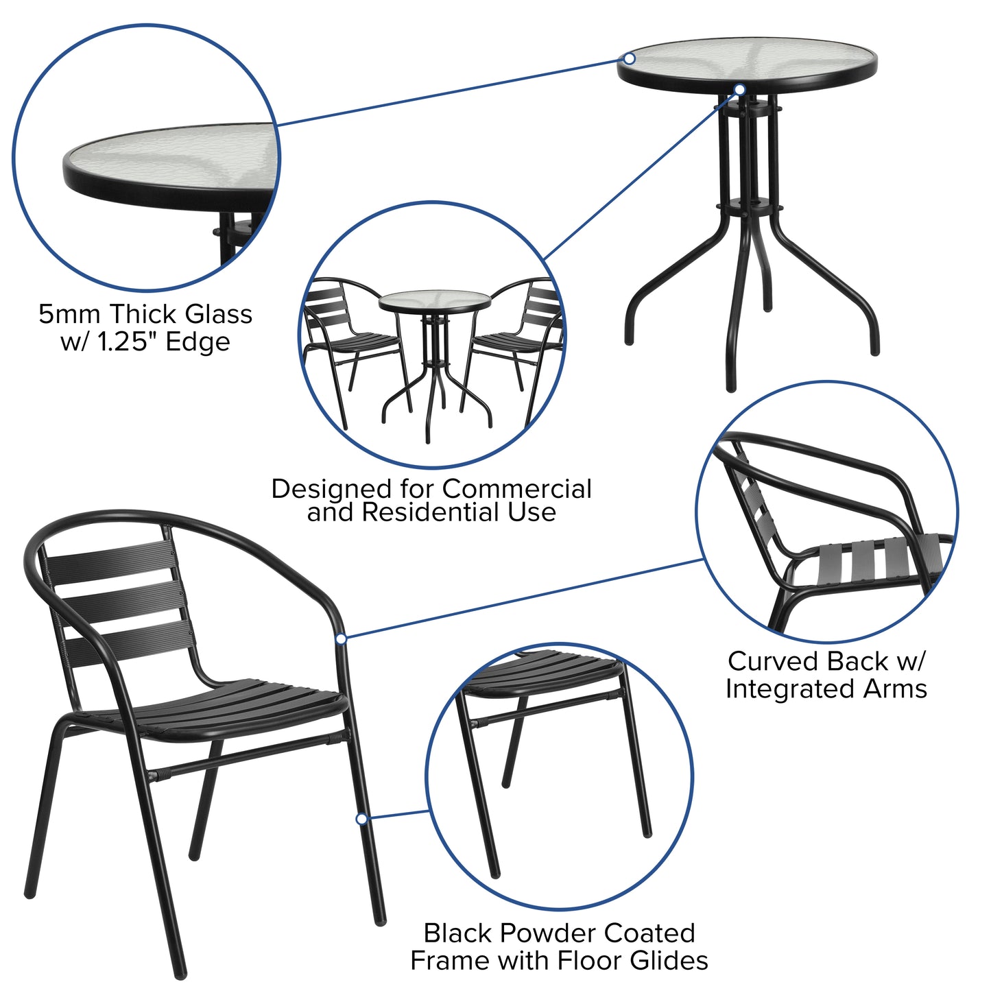 23.75" Round Glass Metal Table with 2 Aluminum Chairs Set