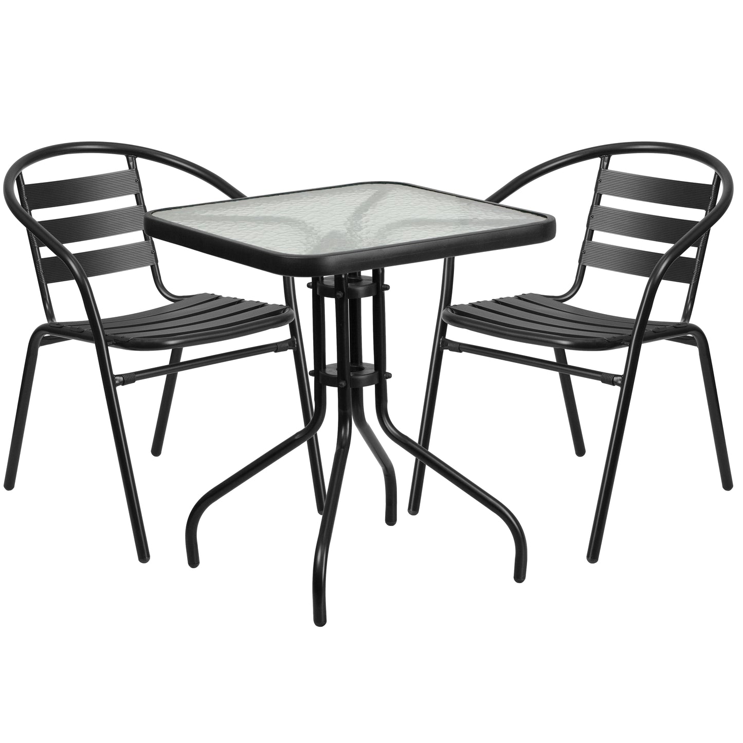 23.75" Square Glass Metal Table with 2 Aluminum Chairs Set