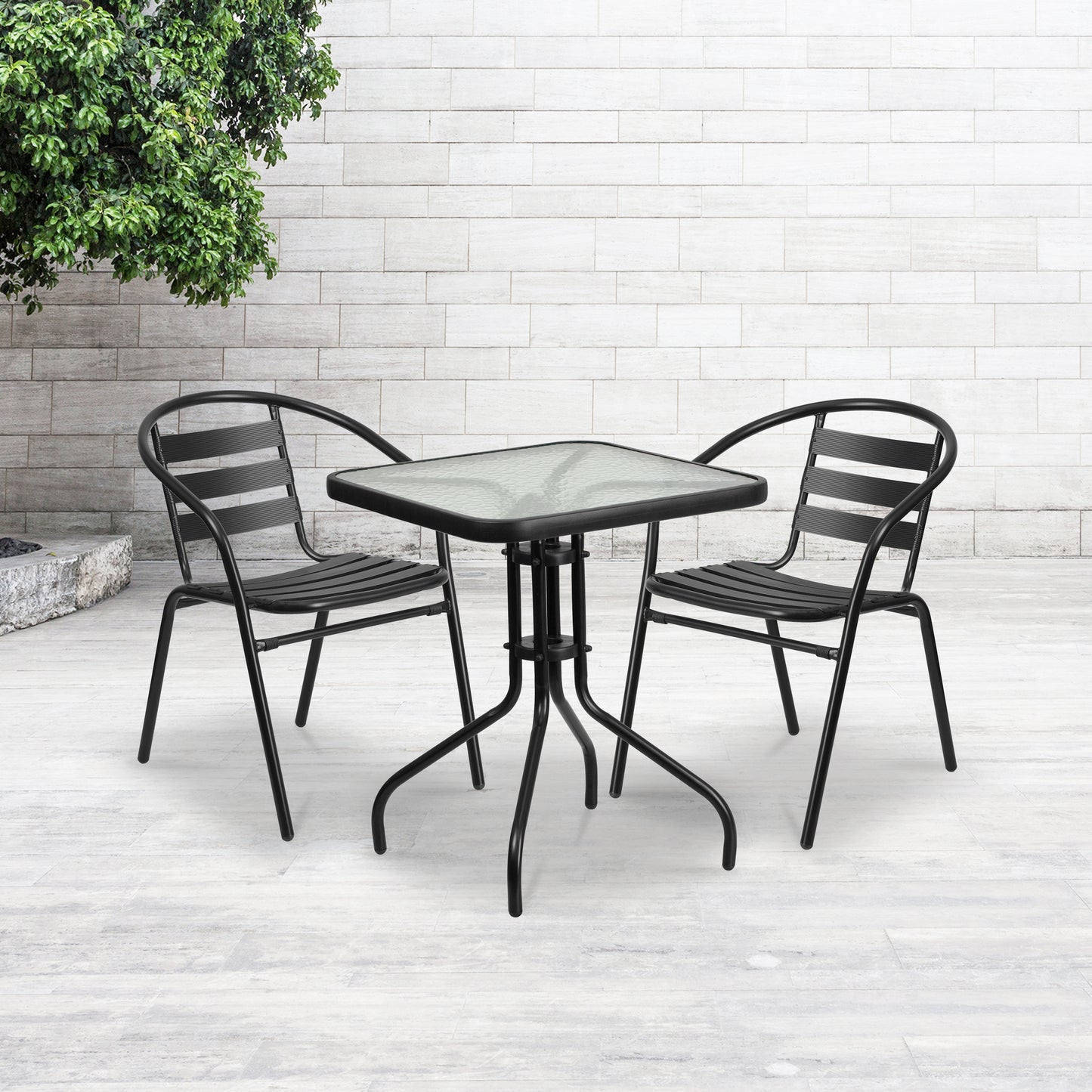 23.75" Square Glass Metal Table with 2 Aluminum Chairs Set