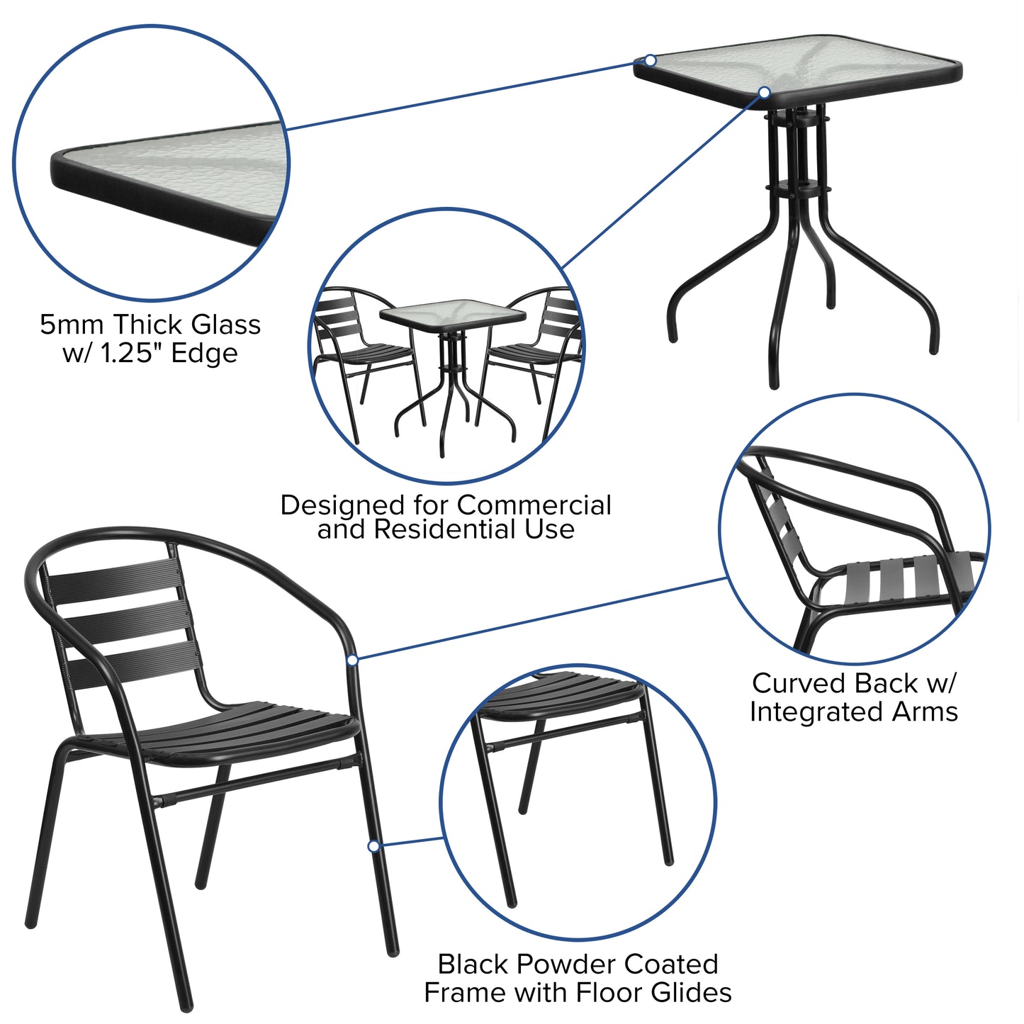 23.75" Square Glass Metal Table with 2 Aluminum Chairs Set