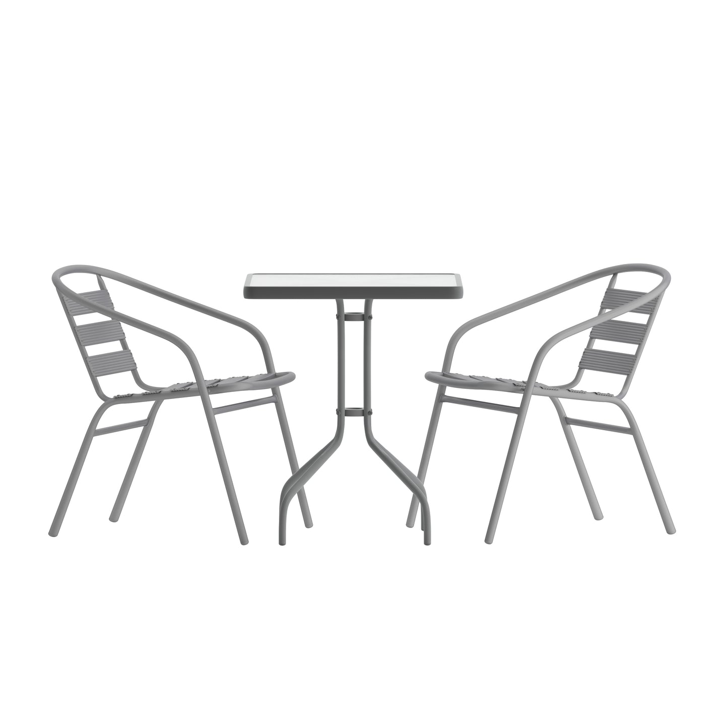 23.75" Square Glass Metal Table with 2 Aluminum Chairs Set