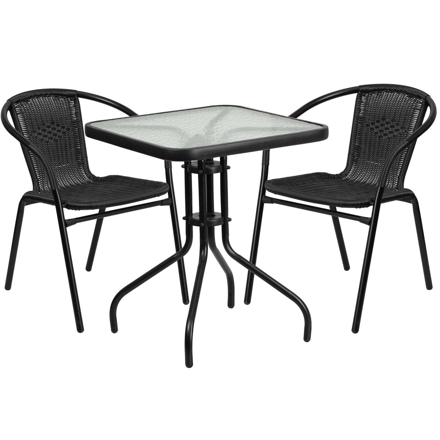 23.75" Square Glass Metal Table with 2 Aluminum Chairs Set