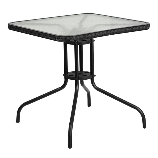 28'' Square Tempered Glass Metal Table with Rattan Edging