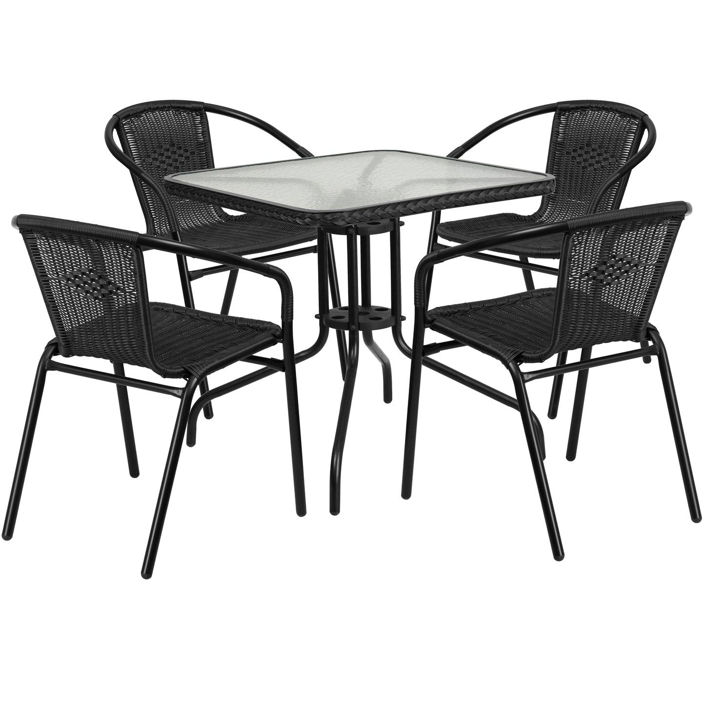 28'' Square Glass Metal Table with Rattan Edging and 4 Rattan Stack Chairs Set