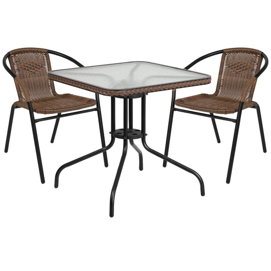 28'' Square Glass Metal Table with Rattan Edging and 2 Rattan Stack Chairs Set