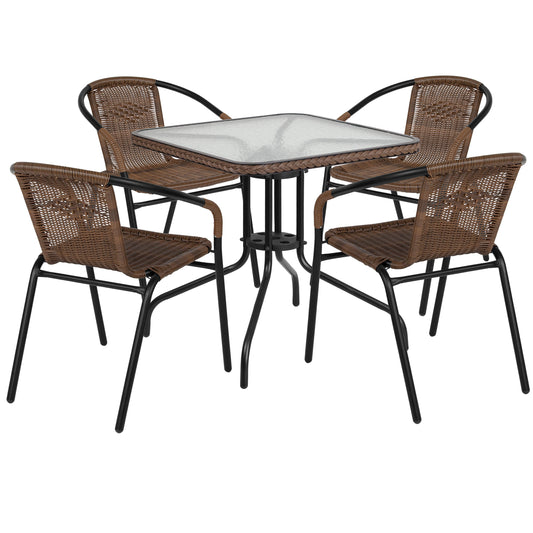 28'' Square Glass Metal Table with Rattan Edging and 4 Rattan Stack Chairs Set