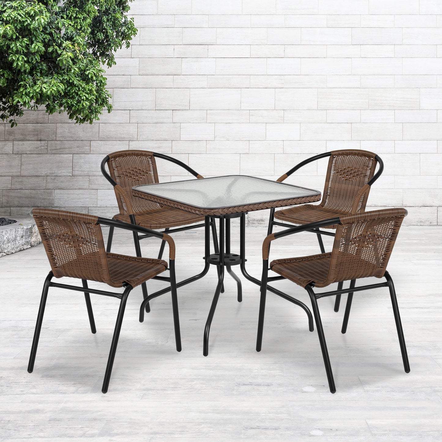 28'' Square Glass Metal Table with Rattan Edging and 4 Rattan Stack Chairs Set