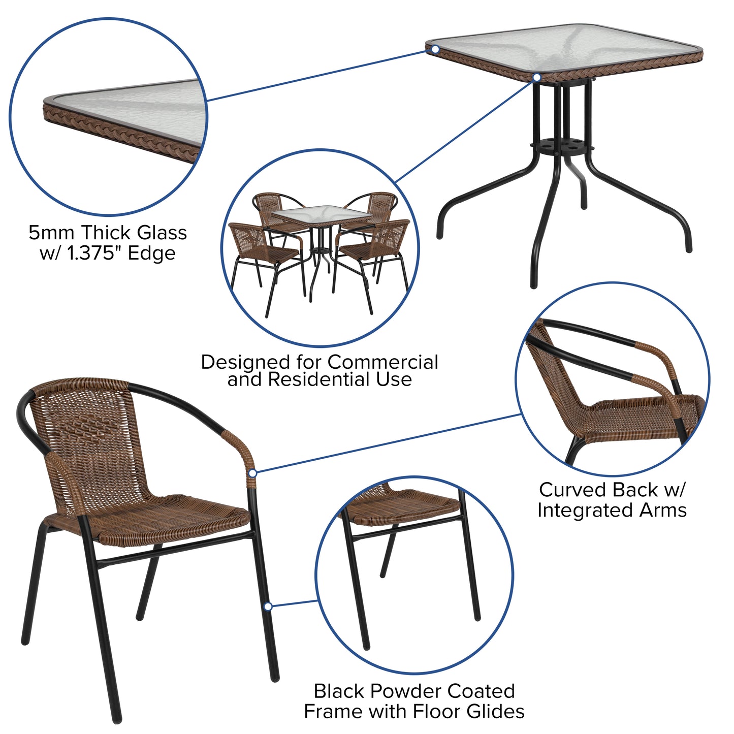 28'' Square Glass Metal Table with Rattan Edging and 4 Rattan Stack Chairs Set