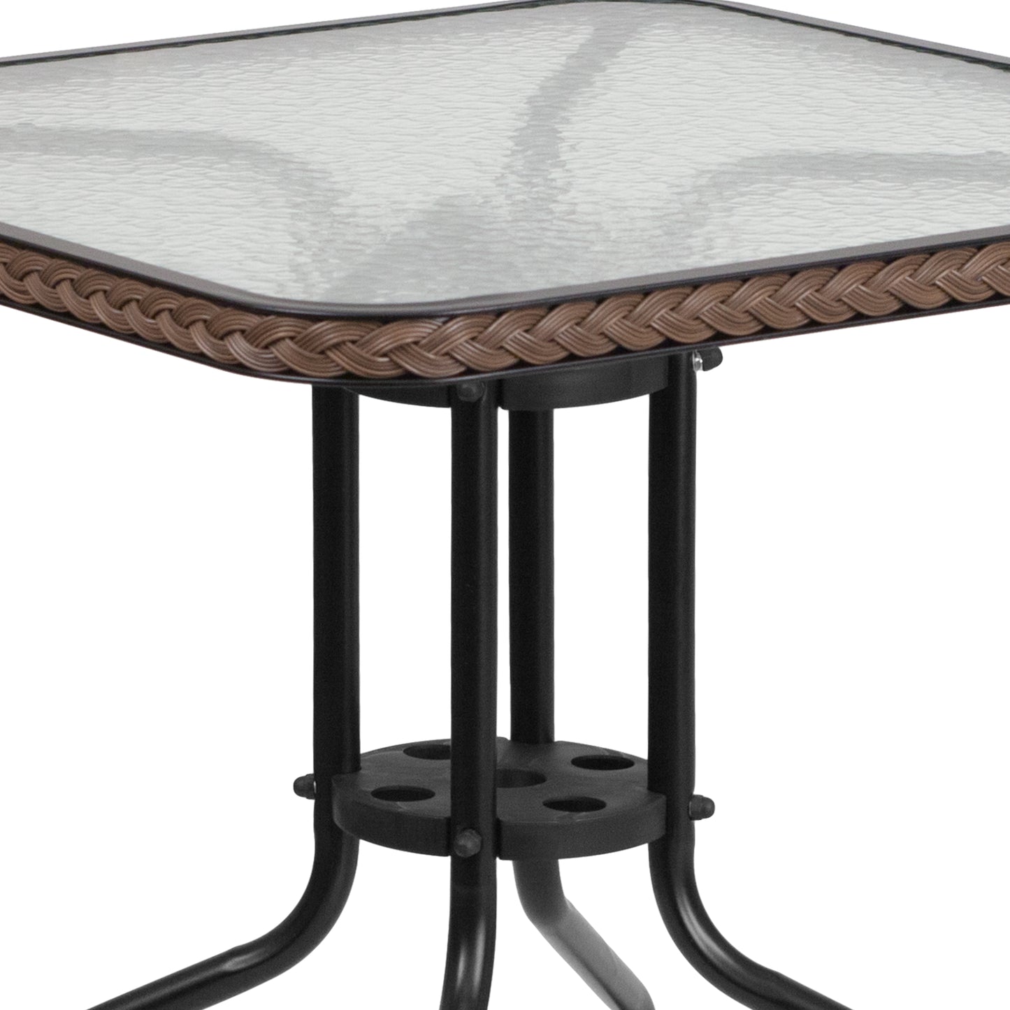 28'' Square Glass Metal Table with Rattan Edging and 4 Rattan Stack Chairs Set