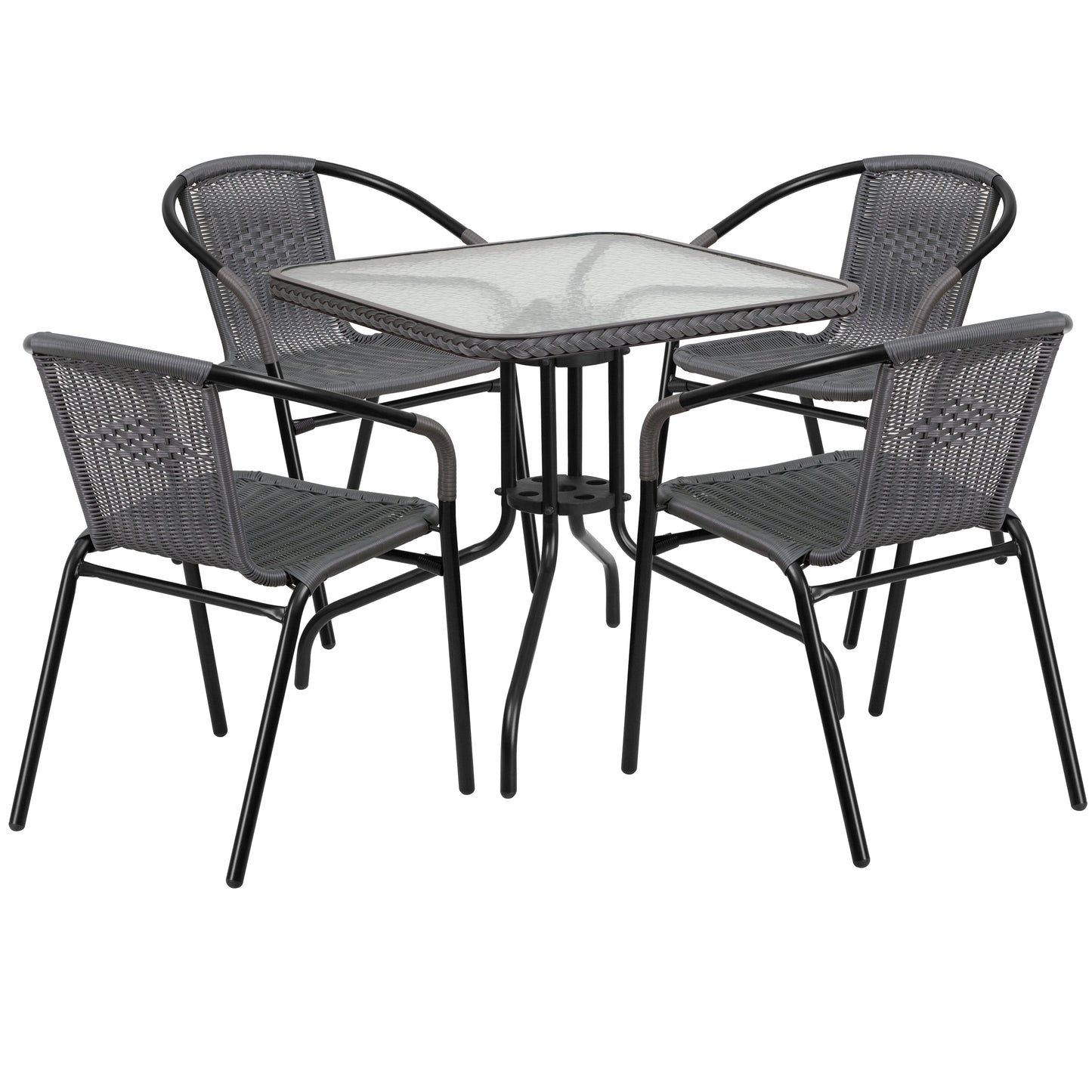 28'' Square Glass Metal Table with Rattan Edging and 4 Rattan Stack Chairs Set