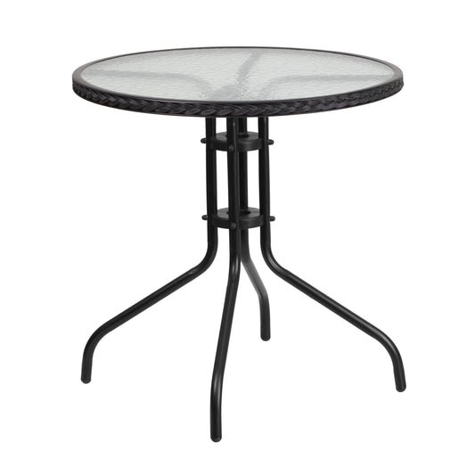 28'' Round Tempered Glass Metal Table with Rattan Edging