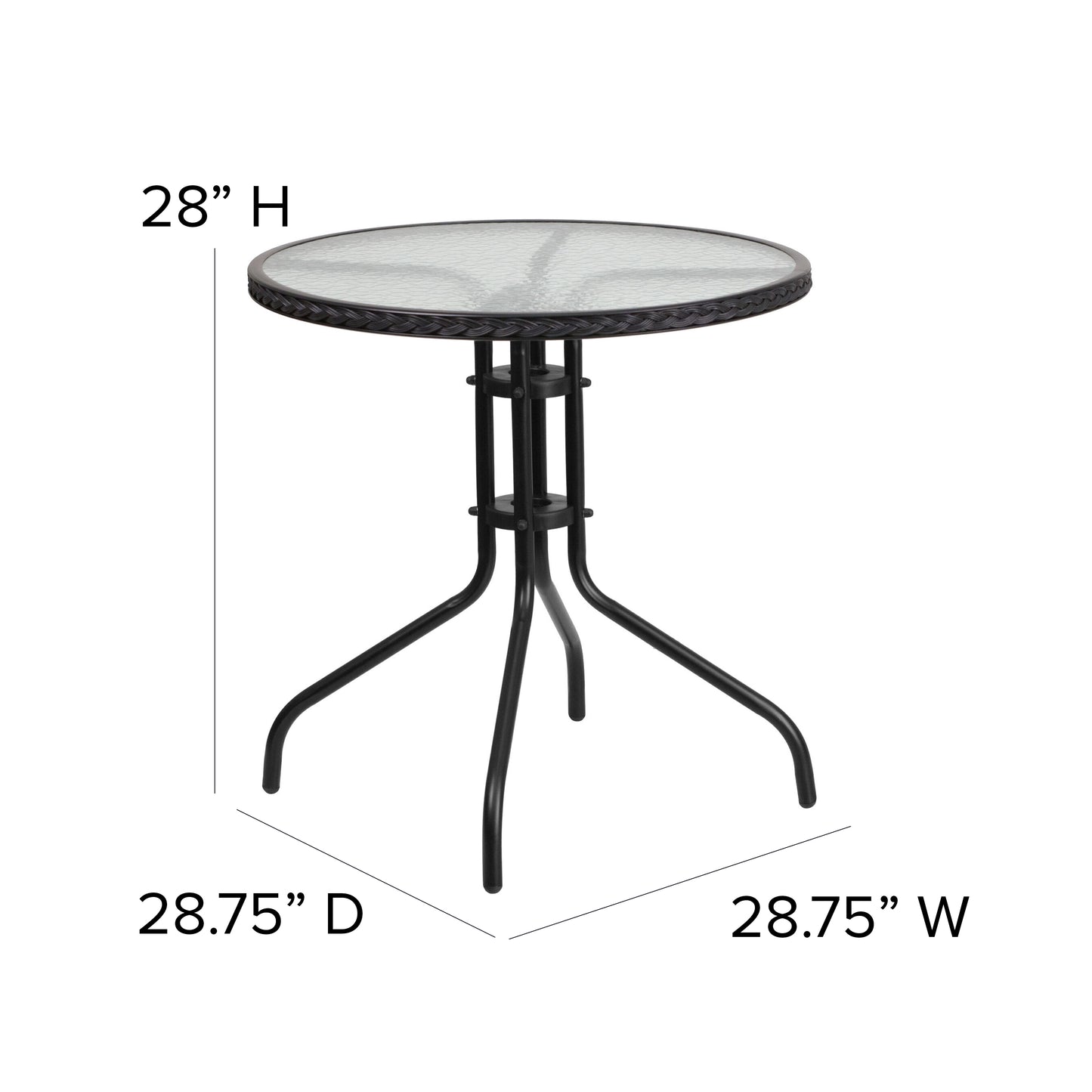 28'' Round Tempered Glass Metal Table with Rattan Edging