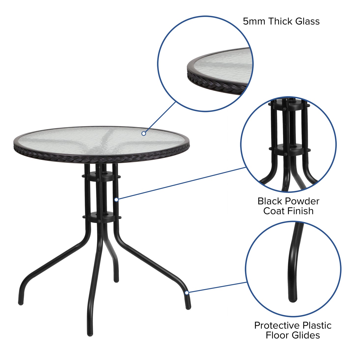 28'' Round Tempered Glass Metal Table with Rattan Edging