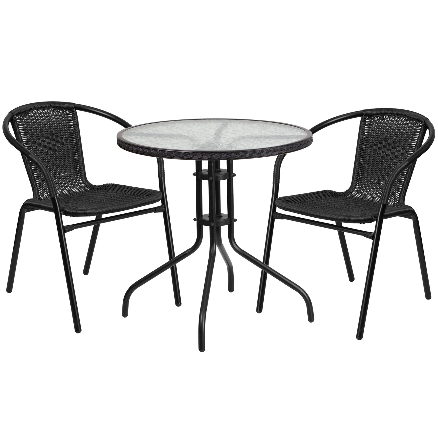 28'' Round Glass Metal Table with Rattan Edging and 2 Rattan Stack Chairs Set