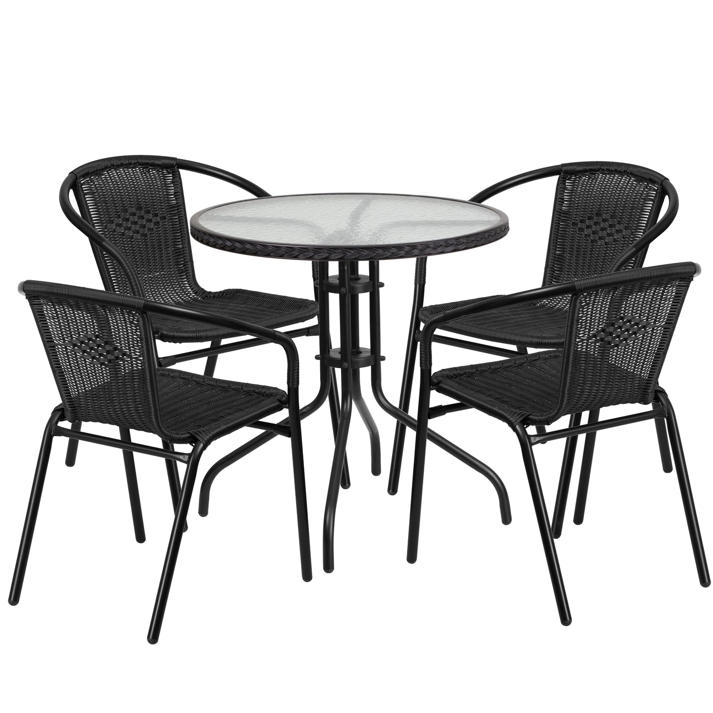 28'' Round Glass Metal Table with Rattan Edging and 4 Rattan Stack Chairs Set