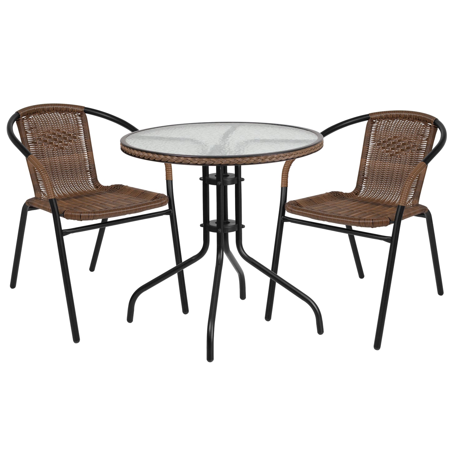 28'' Round Glass Metal Table with Rattan Edging and 2 Rattan Stack Chairs Set