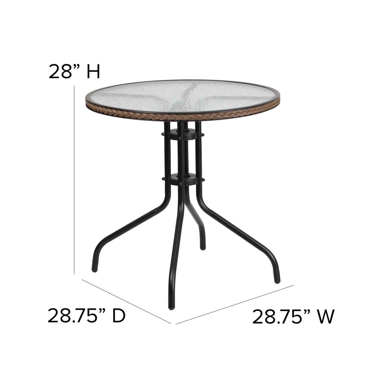 28'' Round Glass Metal Table with Rattan Edging and 2 Rattan Stack Chairs Set