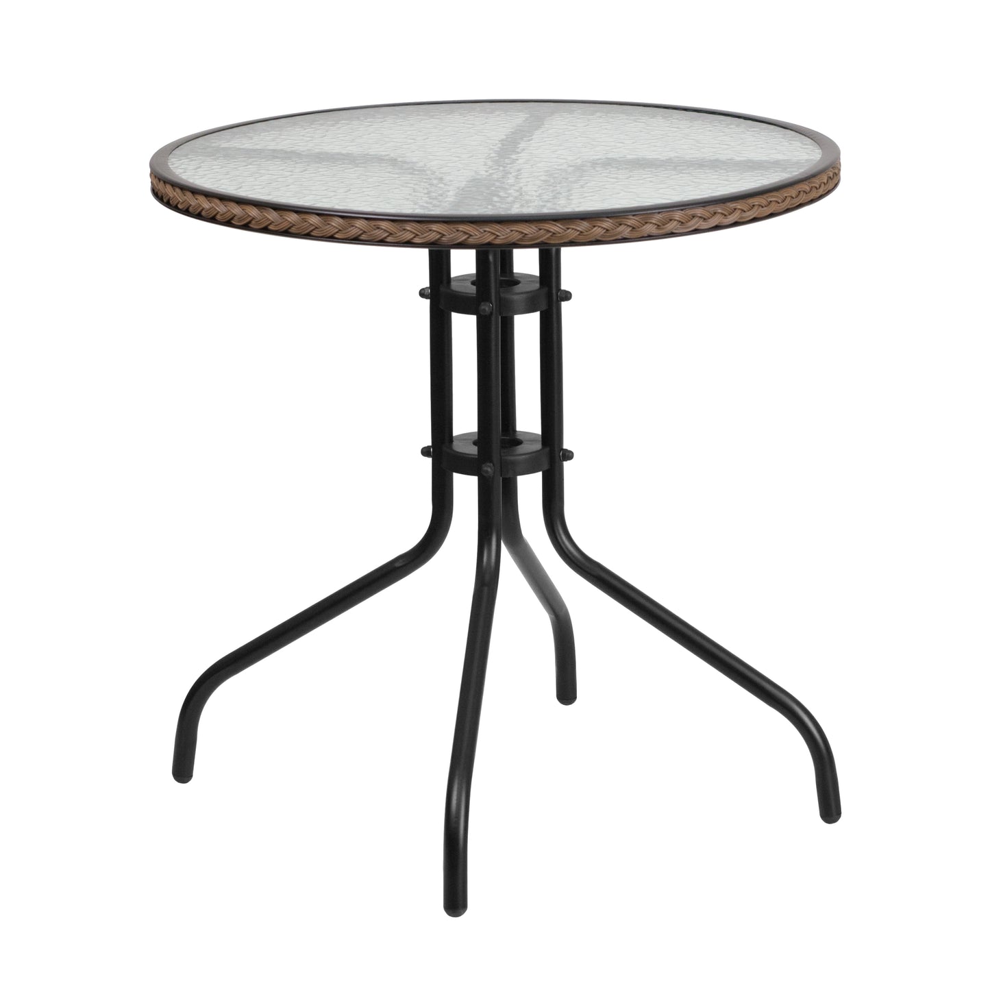 28'' Round Glass Metal Table with Rattan Edging and 2 Rattan Stack Chairs Set