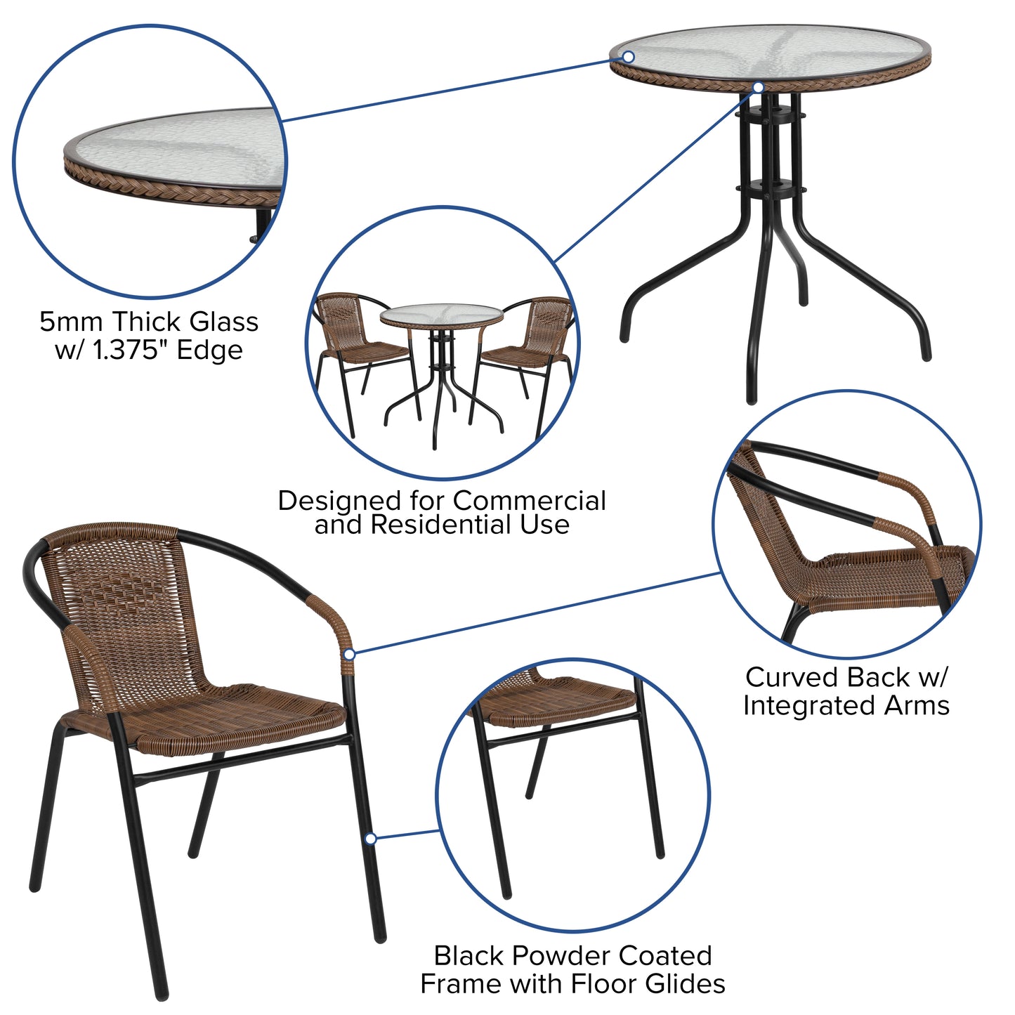 28'' Round Glass Metal Table with Rattan Edging and 2 Rattan Stack Chairs Set