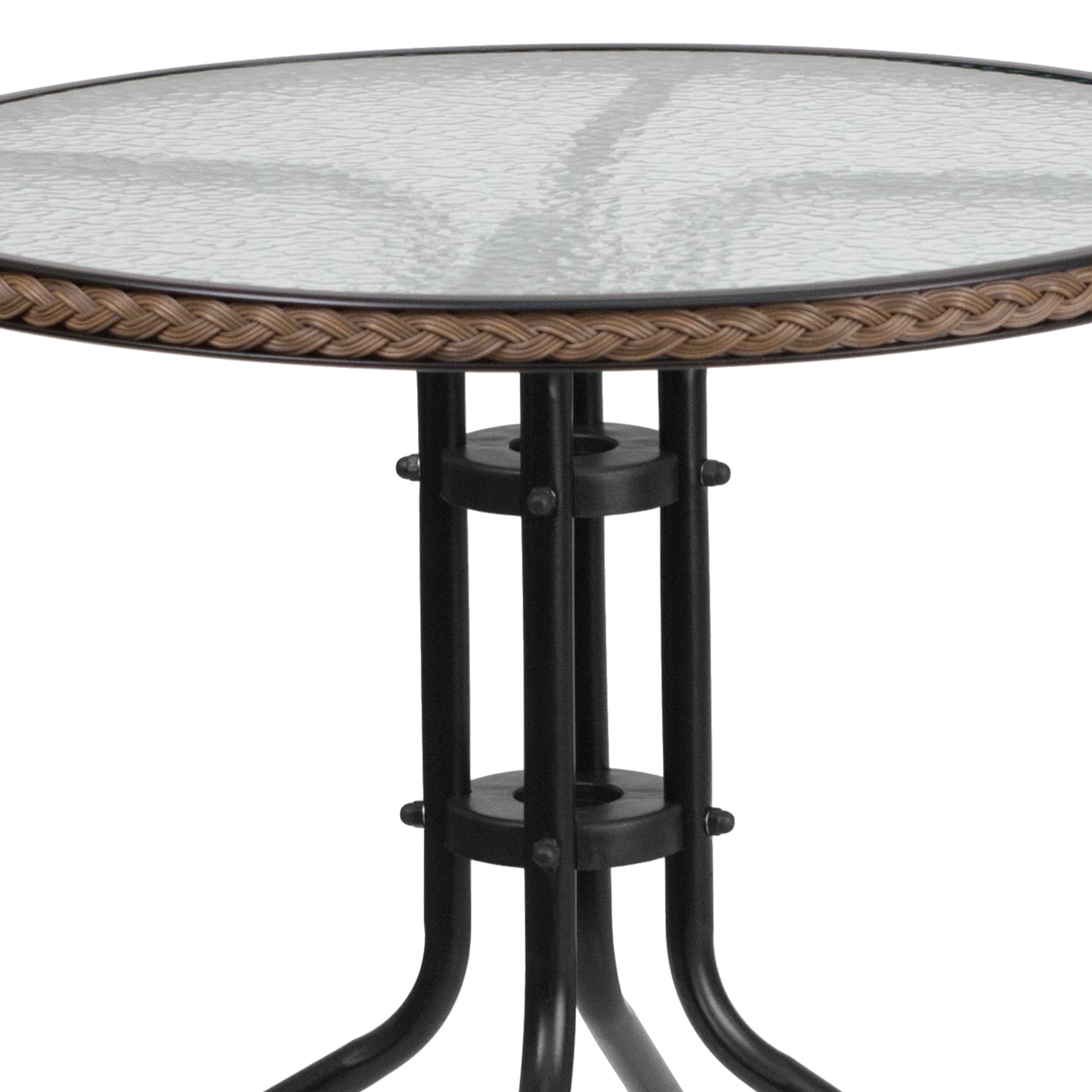 28'' Round Glass Metal Table with Rattan Edging and 2 Rattan Stack Chairs Set