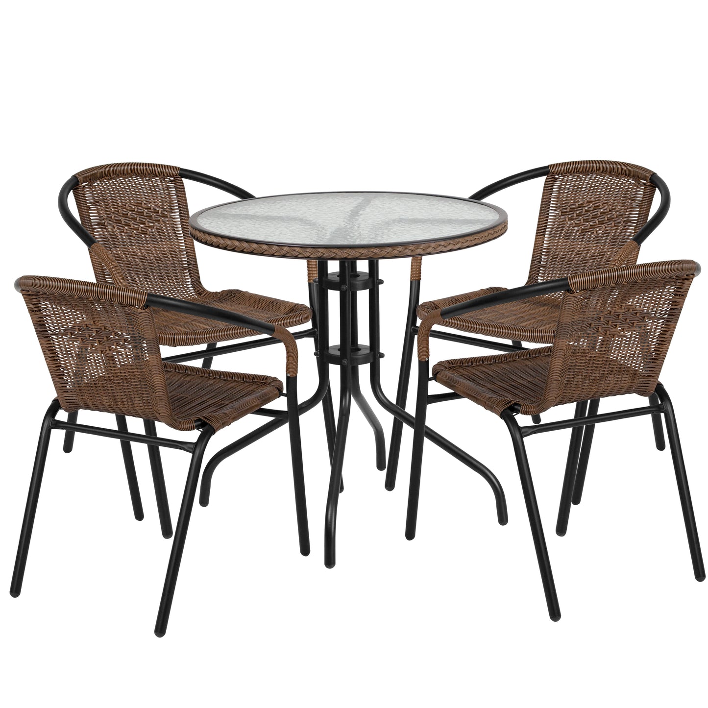 28'' Round Glass Metal Table with Rattan Edging and 4 Rattan Stack Chairs Set