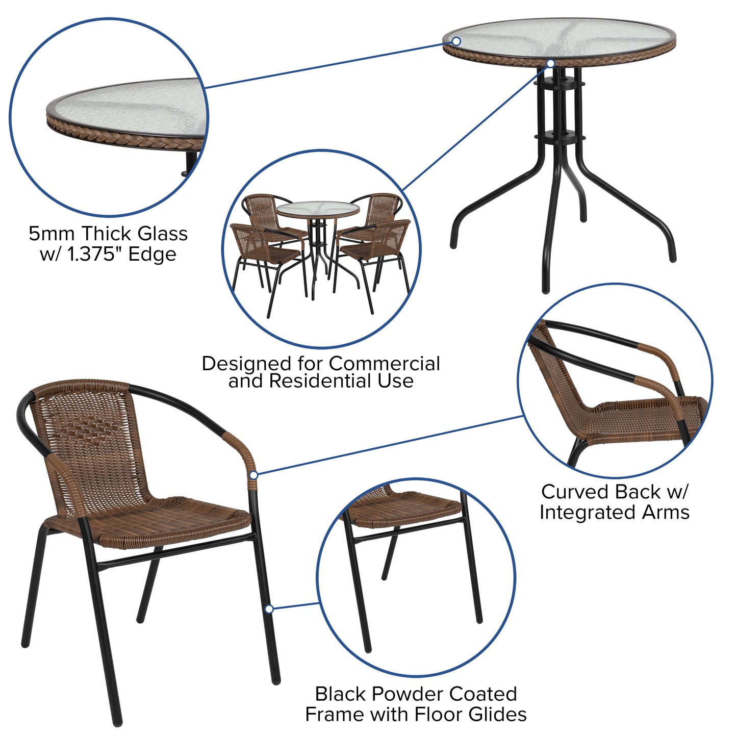 28'' Round Glass Metal Table with Rattan Edging and 4 Rattan Stack Chairs Set