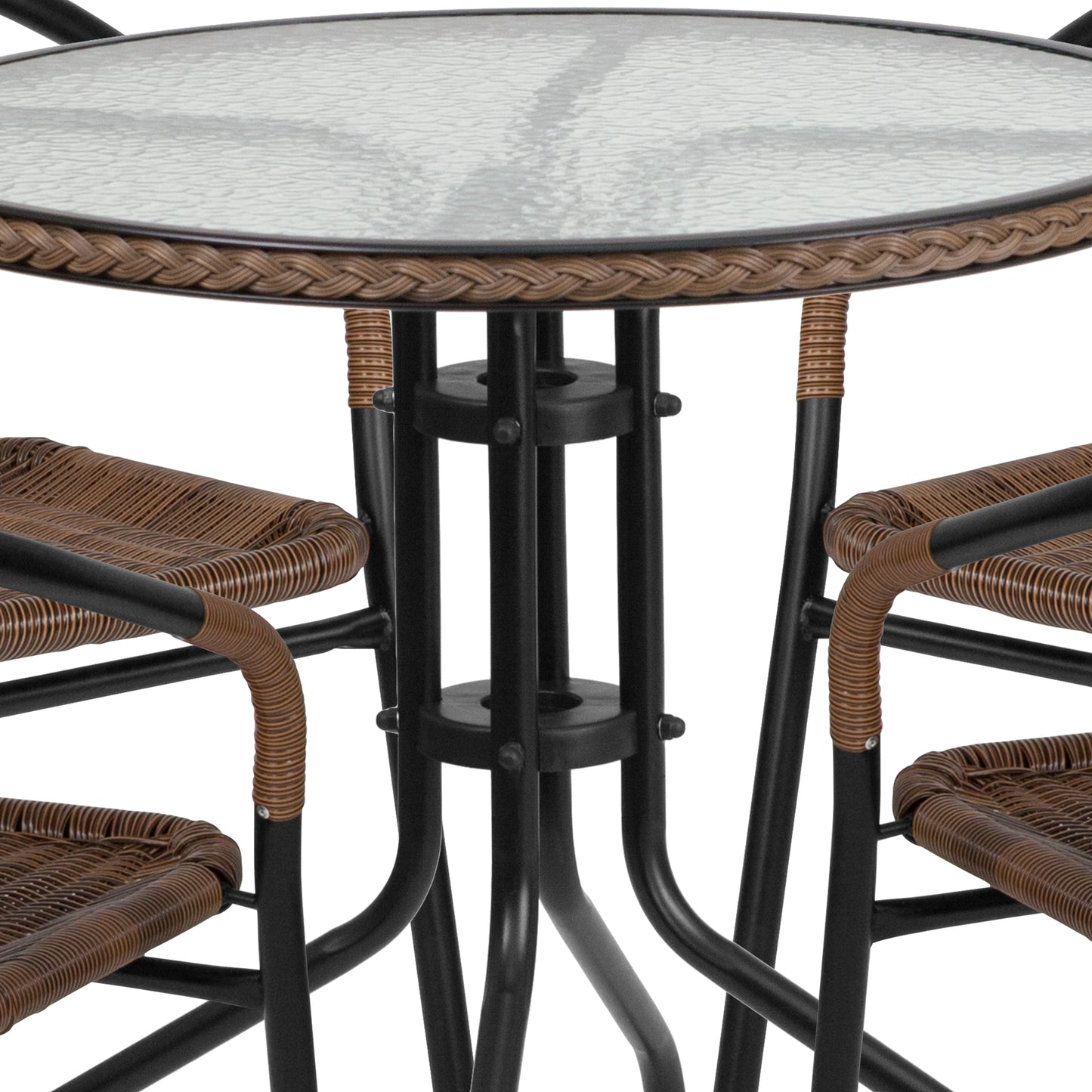 28'' Round Glass Metal Table with Rattan Edging and 4 Rattan Stack Chairs Set