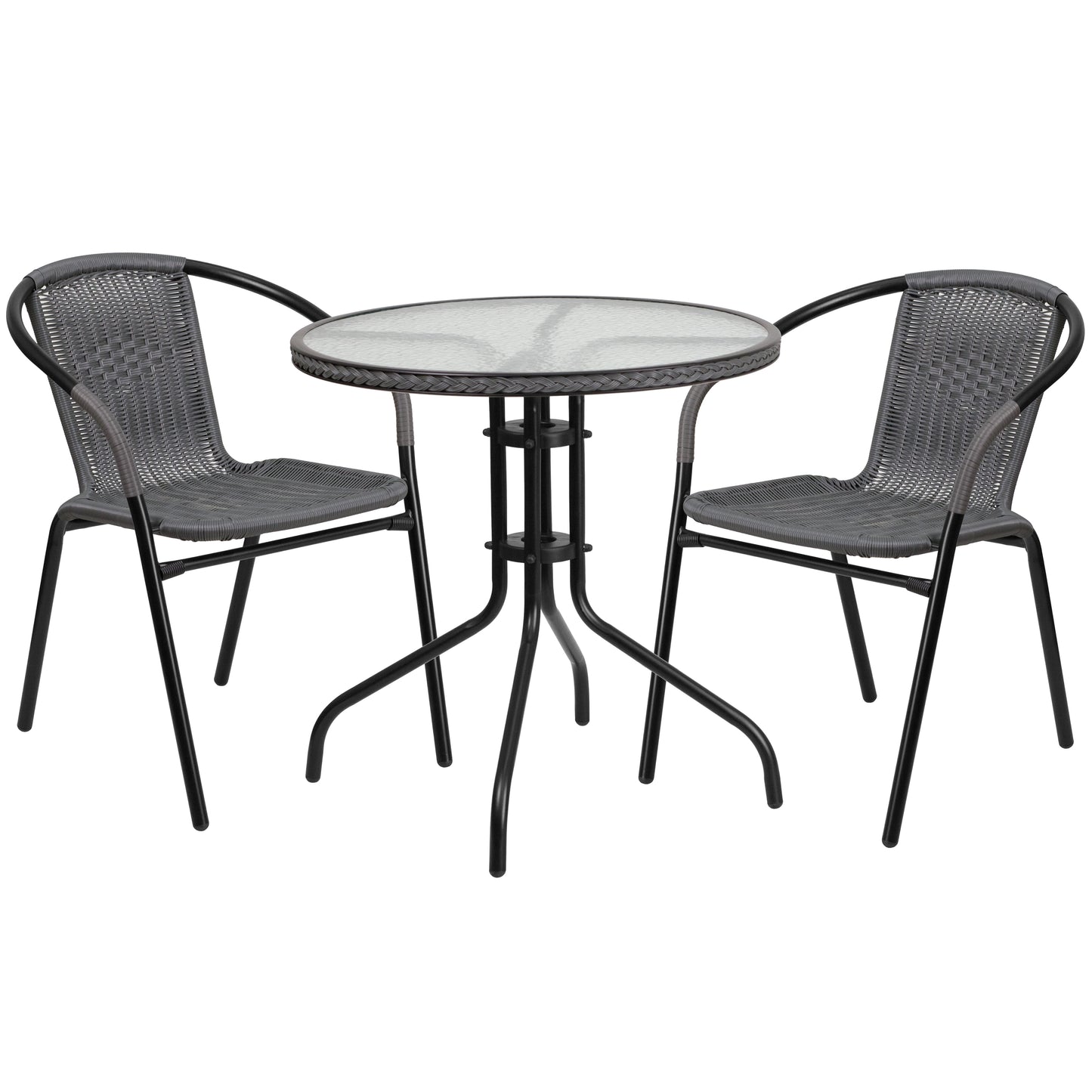 28'' Round Glass Metal Table with Rattan Edging and 2 Rattan Stack Chairs Set