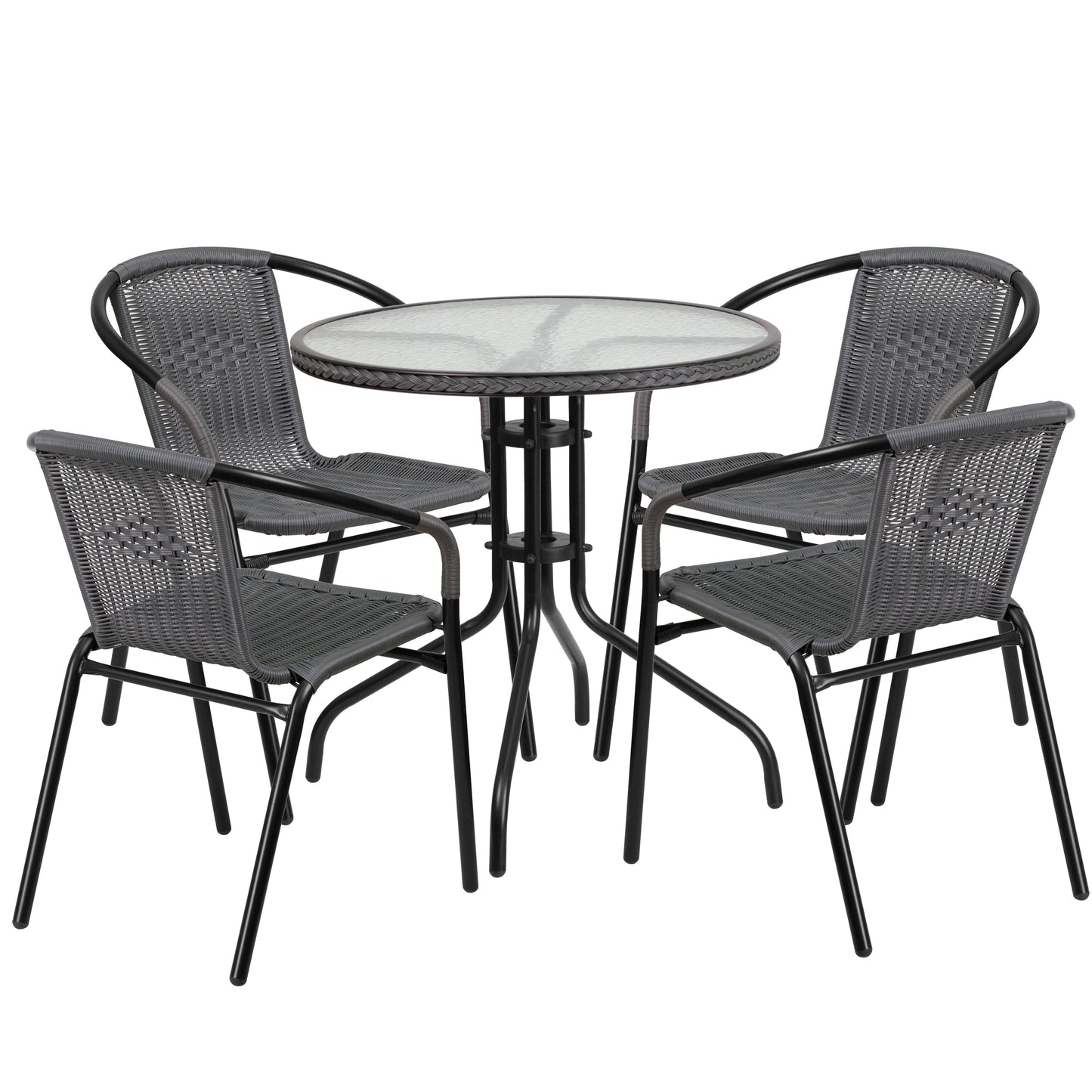 28'' Round Glass Metal Table with Rattan Edging and 4 Rattan Stack Chairs Set