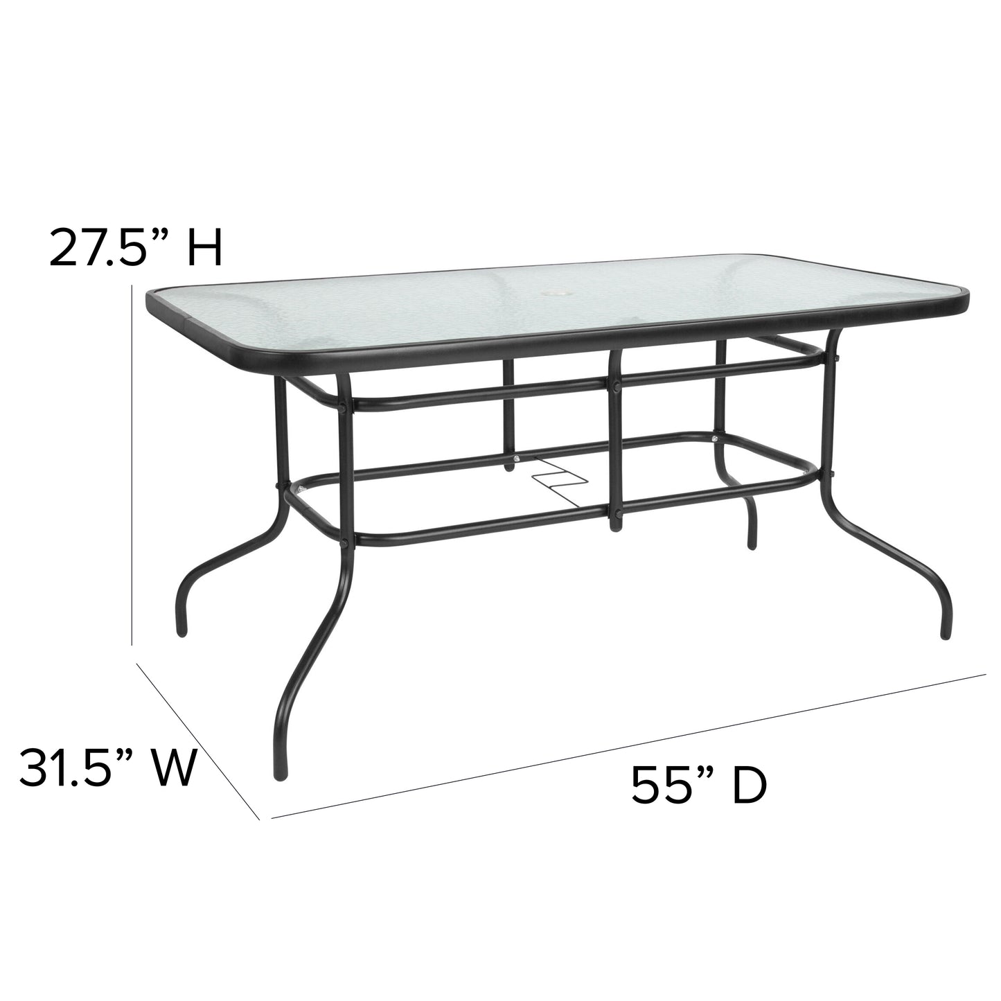 31.5" x 55" Rectangular Tempered Glass Metal Table with Umbrella Hole