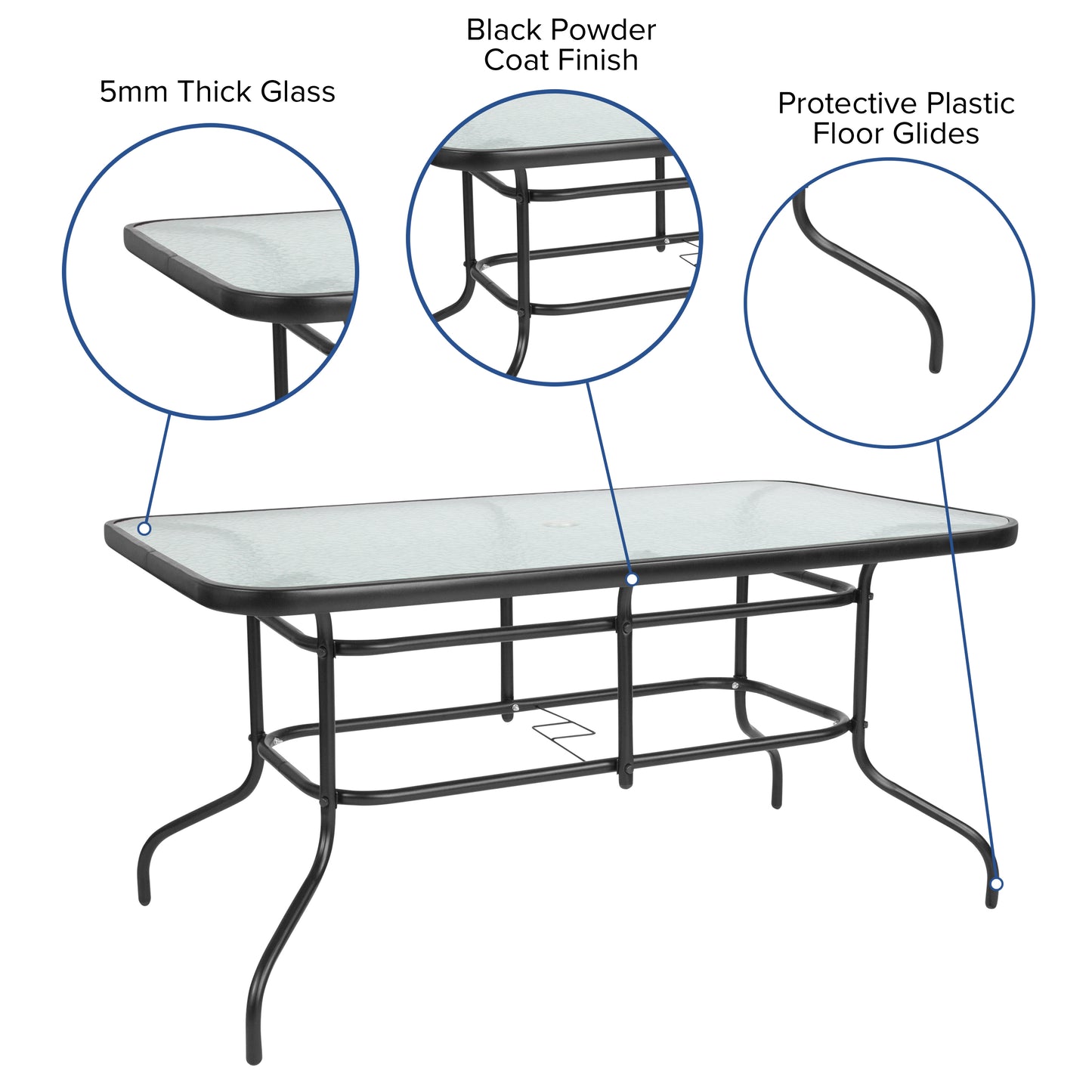 31.5" x 55" Rectangular Tempered Glass Metal Table with Umbrella Hole