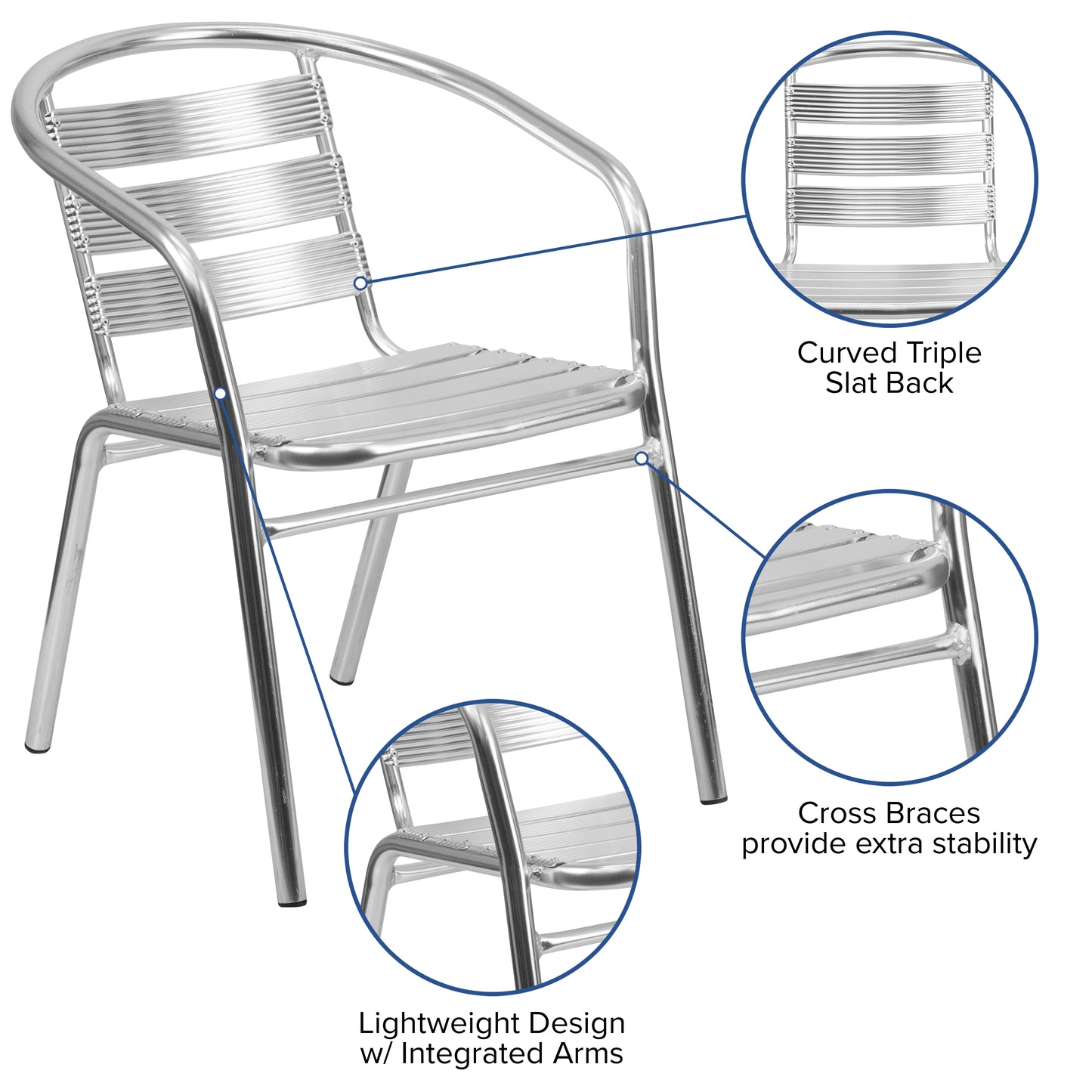 Commercial Aluminum Indoor-Outdoor Restaurant Stack Chair with Triple Slat Back