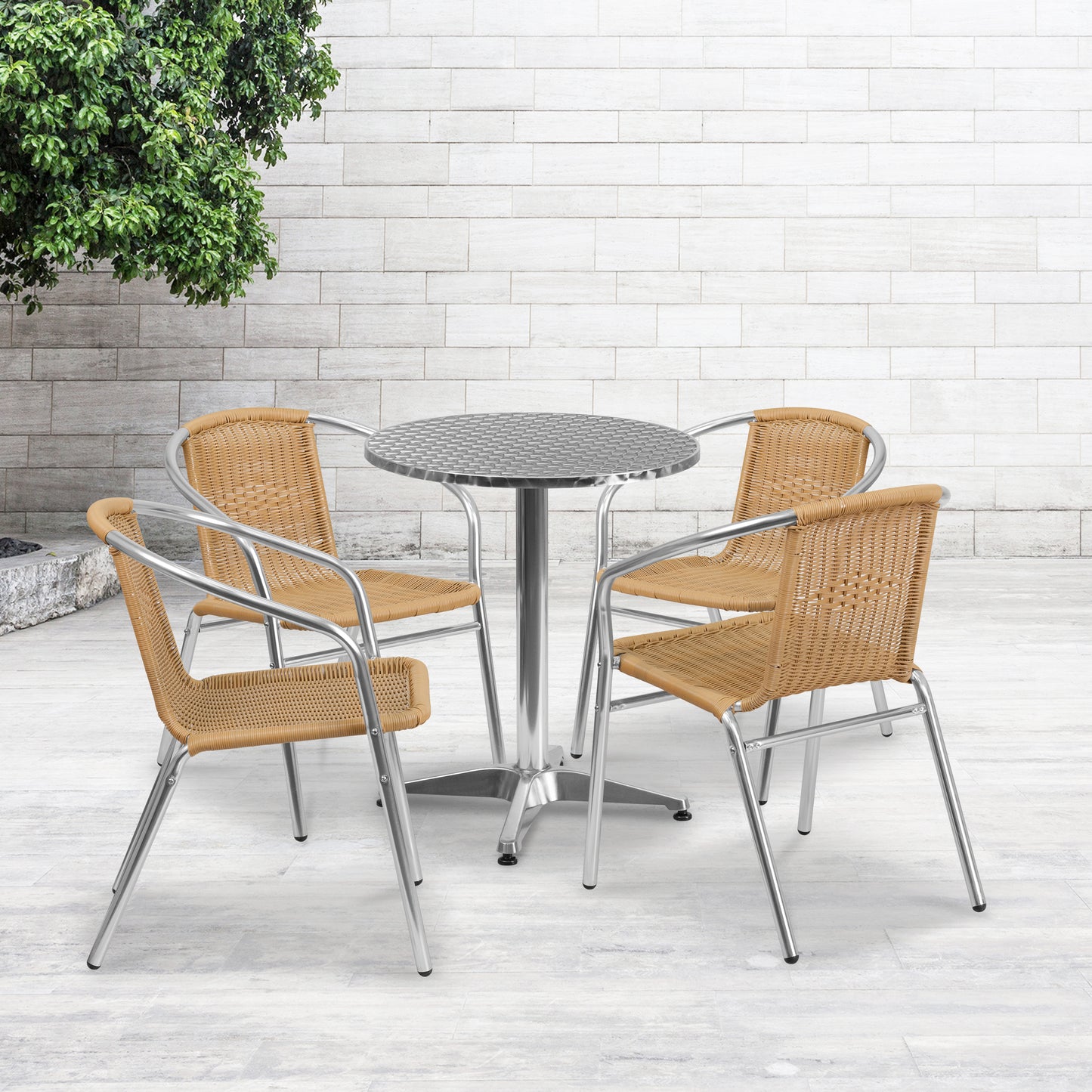 23.5'' Round Aluminum Indoor-Outdoor Table Set with 4 Rattan Chairs