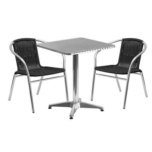 23.5'' Square Aluminum Indoor-Outdoor Table and Two Rattan Chairs Set