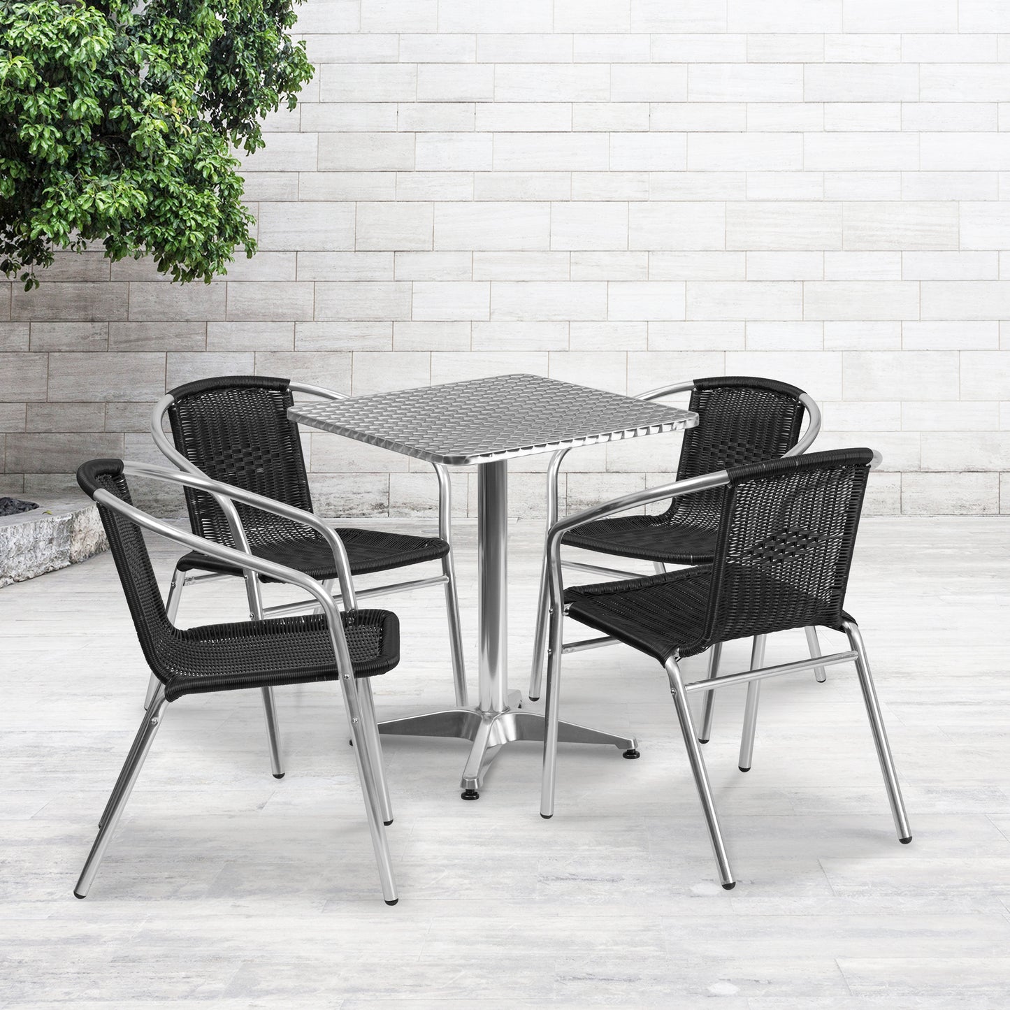 23.5'' Square Aluminum Indoor-Outdoor Table and Four Rattan Chairs Set