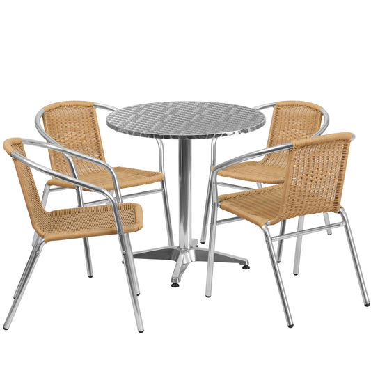 27.5'' Round Aluminum Indoor-Outdoor Table Set with 4 Rattan Chairs