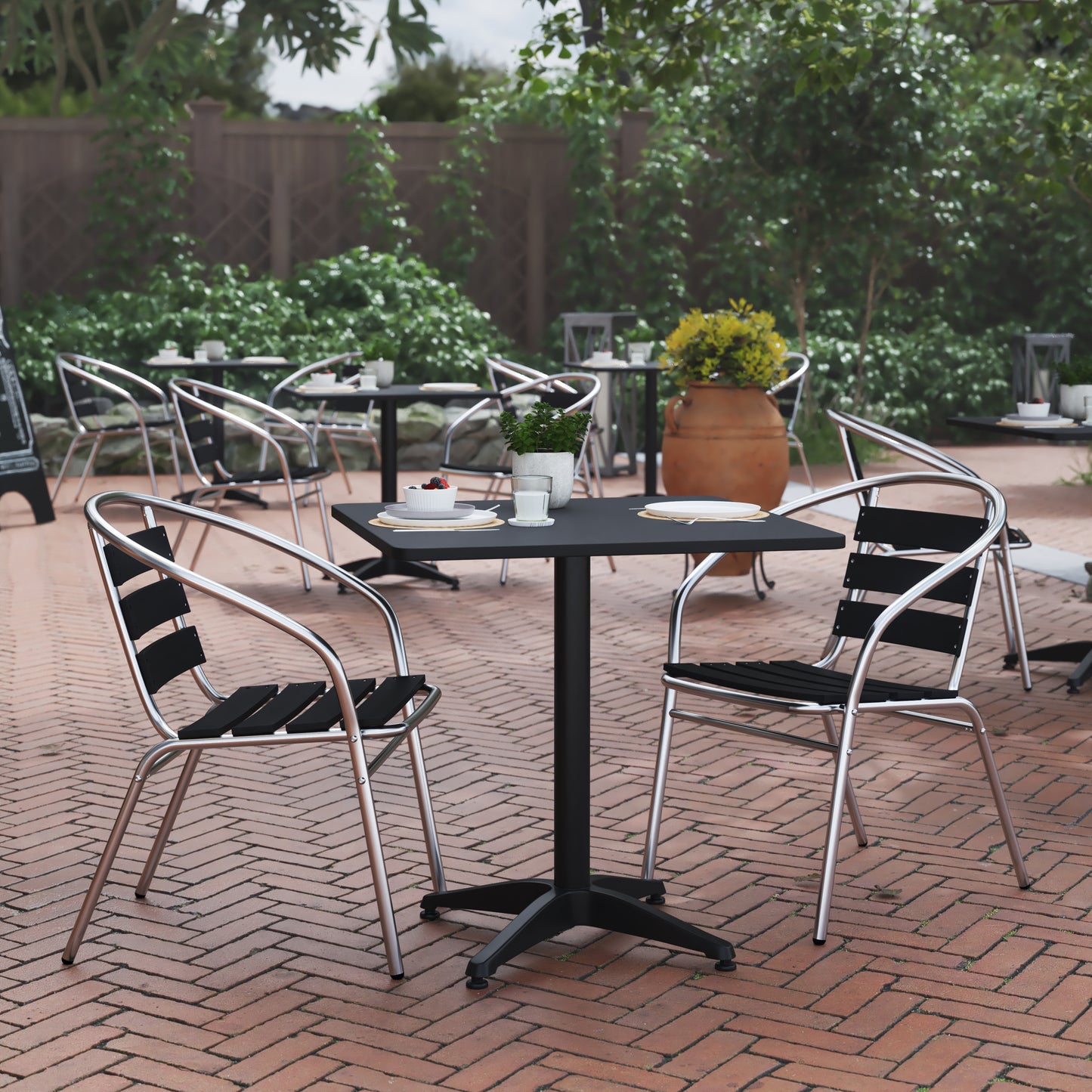 27.5'' Square Aluminum Indoor-Outdoor Table Set with 2 Slat Back Chairs