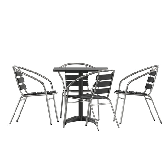 27.5'' Square Aluminum Indoor-Outdoor Table Set with 4 Slat Back Chairs