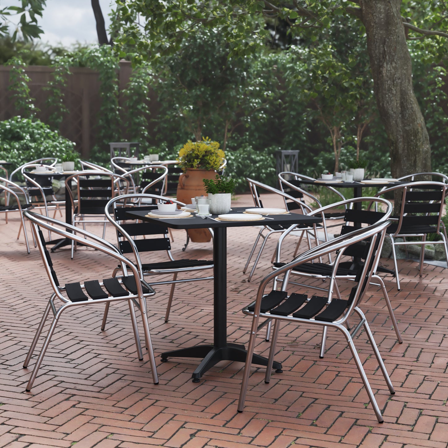 27.5'' Square Aluminum Indoor-Outdoor Table Set with 4 Slat Back Chairs